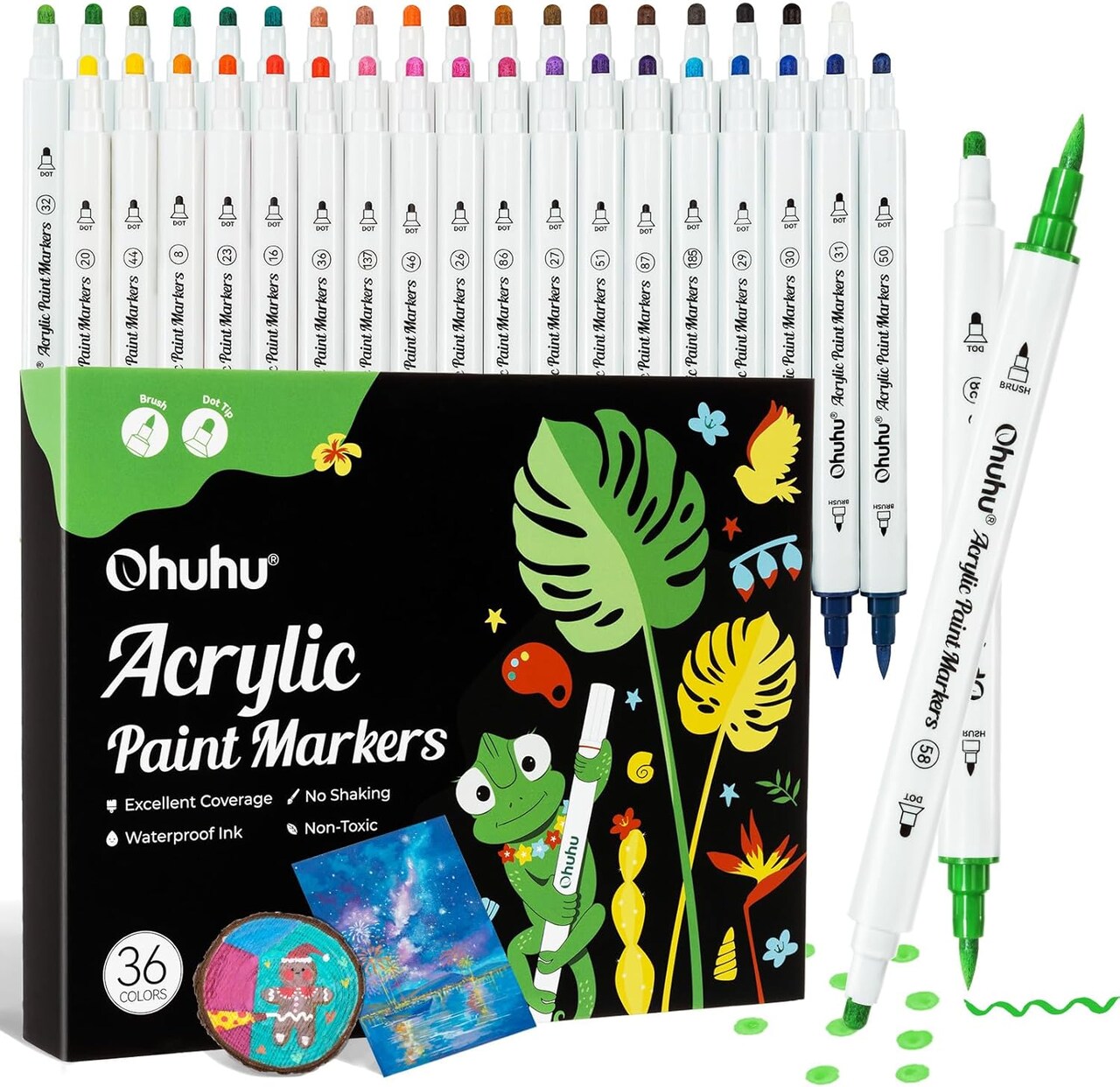 Ohuhu Acrylic Paint Markers Dual Tips: 36 Colors Dual Tips Paint Pens High Opacity Acrylic Markers Waterproof Lightfast for Rock Painting Easter Eggs Wood Glass Ceramic Canvas- Brush & Dot/ Fine & Dot/ Brush & Fine